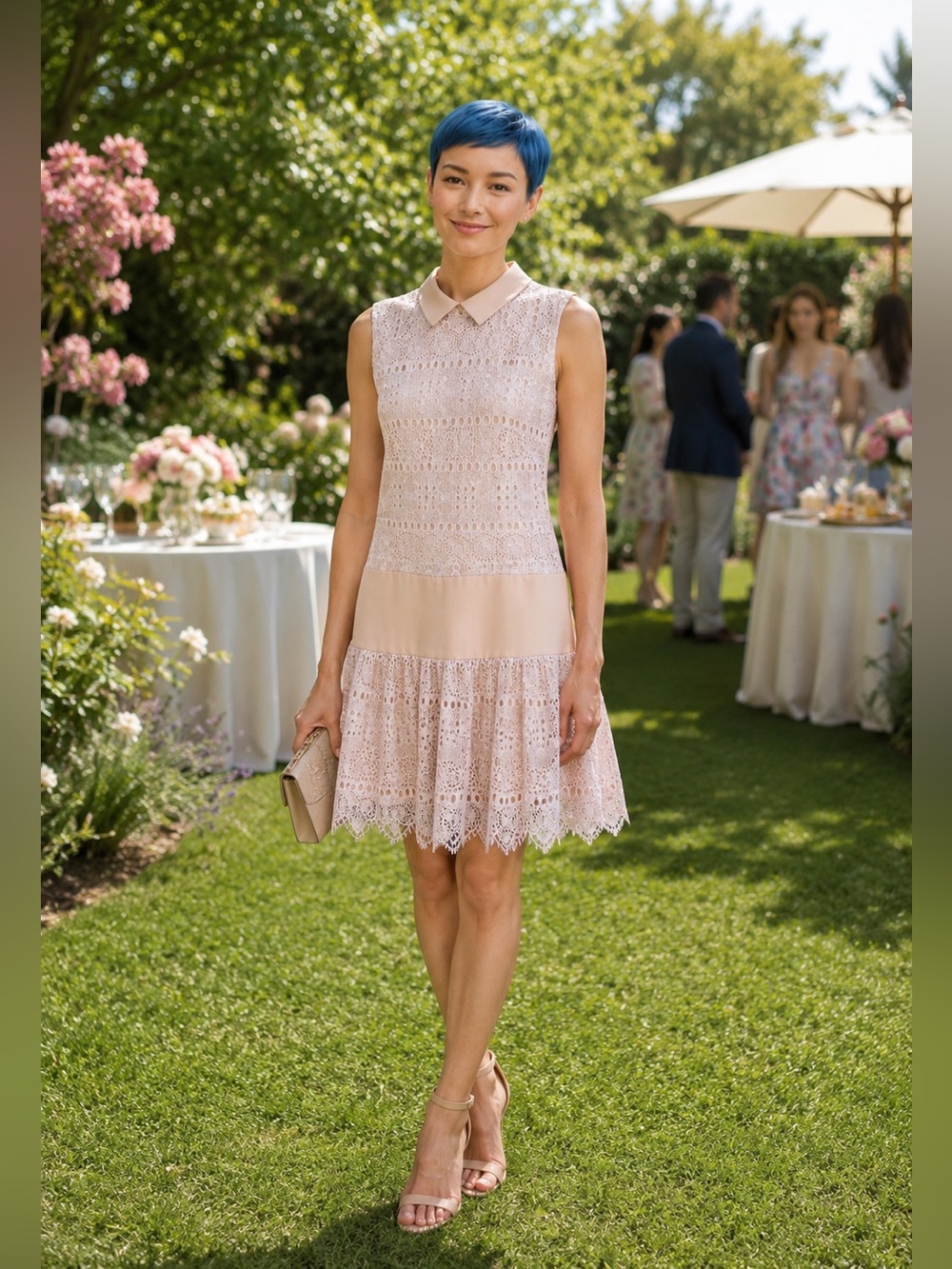 BCBGMAXAZRIA Marsha Lace Collared Dress Size 4 Champagne